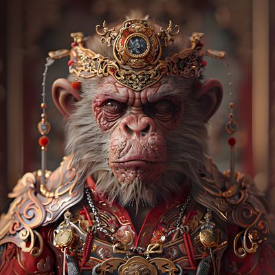 Affe in Kaiserlicher Rüstung und Krone (KI-Generiert)